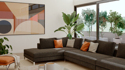 Obraz premium 3D render, illustration Luxury modern living room interior, realistic lighting, wide angle, contemporary furniture, clean lines, minimalist decor, elegant home design, large window