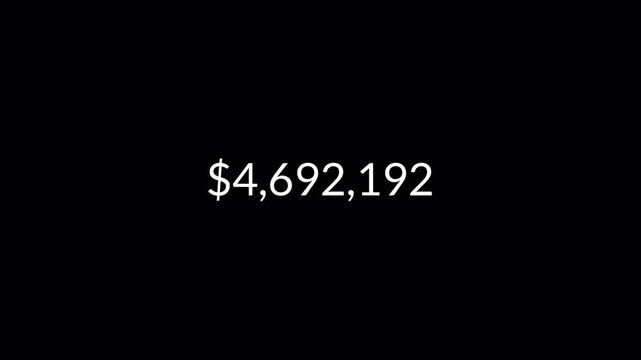 dollar counter animation from 0 to 7,500,000 on a black background. dollar calculating from zero to seventy five lakh showing financial growth.