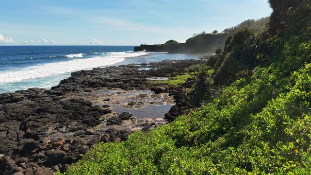 Sunlight glows on a rocky ocean shore. Waves crash against black rocks. Lush green plants cover the hillside. Palm trees sway gently in the breeze. Clear blue sky fills the scene