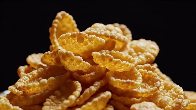 Macro shot of golden breakfast cereal flakes piled against a dark background