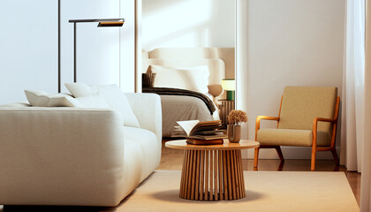 Obraz premium 3D render, illustration Luxury modern living room interior, realistic lighting, wide angle, contemporary furniture, clean lines, minimalist decor, elegant home design, large window