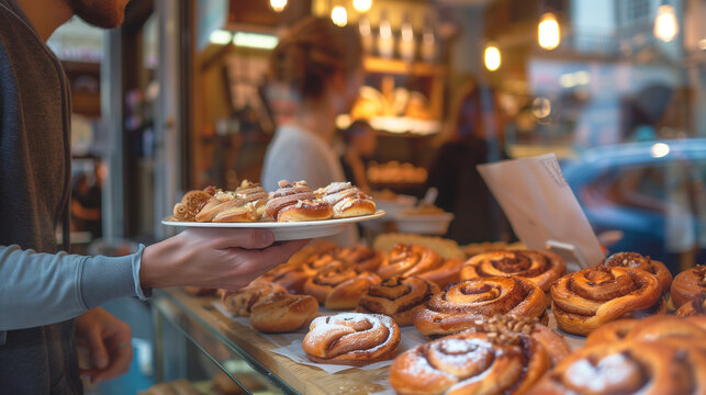 Person grabbing cinnamon rolls in busy bakery during morning rush  