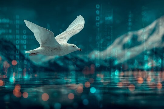 Glimpses of frozen beauty: a gull's dance near the greenland glacier. Futuristic screens. Ivory gull's flight above waters near towering glaciers on blosseville coast. Virtual interface.