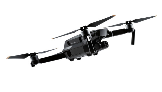 Sleek black professional drone with four folding propellers advanced camera lens and landing gear, isolated on transparent background for aerial views