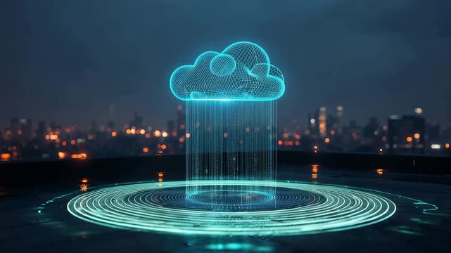 都市の屋上に浮かぶ回路雲が夜景へ光雨を降らす