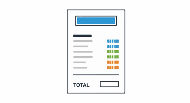 Stylized receipt with a colored header, itemized lists, and total amount