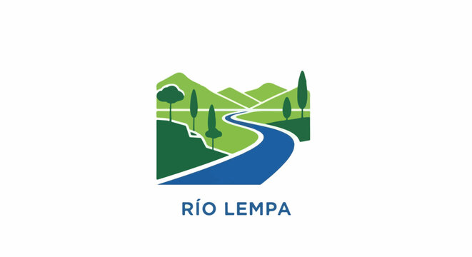 Stylized river flows through green hills with trees