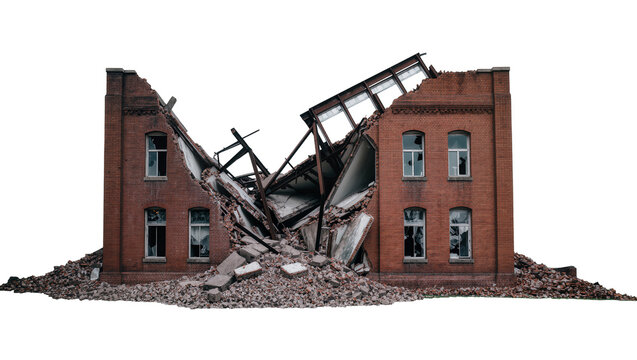 Damaged two-story brick building with collapsed roof and rubble pile, isolated on transparent background for disaster concepts and urban decay