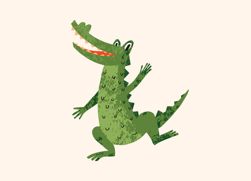 Funny Crocodile dancing and waving, cute wild reptile character isolated on beige background. Childish flat vector illustration for children, print, poster and card