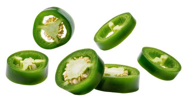 Several vibrant green jalape&ntilde;o pepper slices showcasing their spicy seeds and juicy flesh, isolated on transparent background for culinary designs