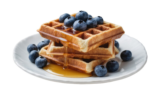 Golden brown stack of fluffy waffles drizzled with amber syrup generously sprinkled with plump juicy blueberries, isolated on transparent background for menus