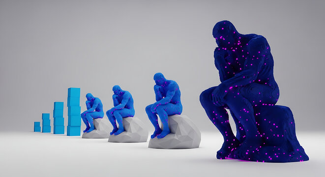 thinking robot statues with purple dots and blue bars graph
