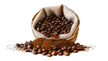 Fototapeta premium Rustic woven wicker basket overflowing with roasted dark brown coffee beans spilling onto surface, isolated on transparent background for beverage branding