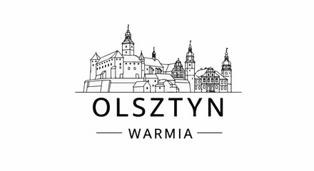 Obraz premium Stylized line drawing of Olsztyn Warmia skyline with castle and varied buildings