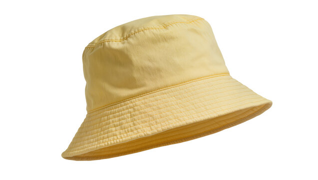 Pale yellow cotton bucket hat with wide brim and drawstring, isolated on transparent background for fashion design and apparel mockups