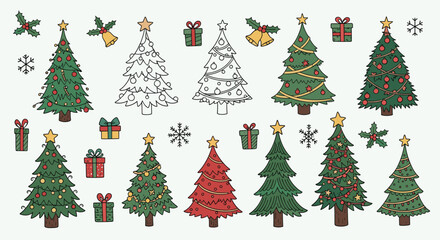 Fototapeta premium A collection of doodle style Christmas trees and festive holiday decorations perfect for seasonal graphic projects and winter celebration designs