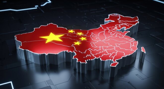 China Map with Yellow Stars on Red Background in 3D Illustration