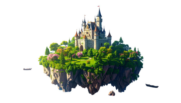 A majestic fairytale castle floating in the sky, surrounded by lush green flora