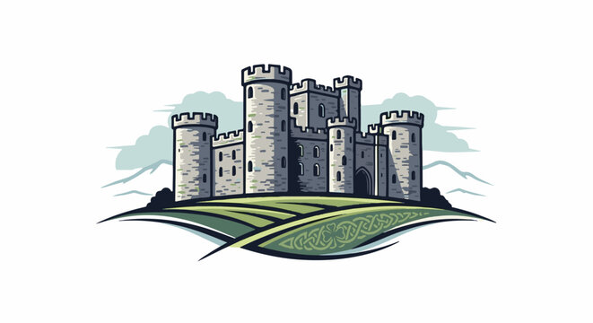 Stylized stone castle on a green, rolling hill with Celtic knot design
