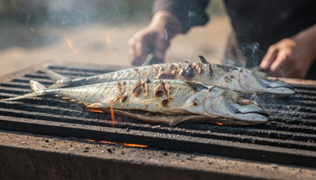Fresh mackerel fish grilling on charcoal barbecue with smoke and fire outdoor