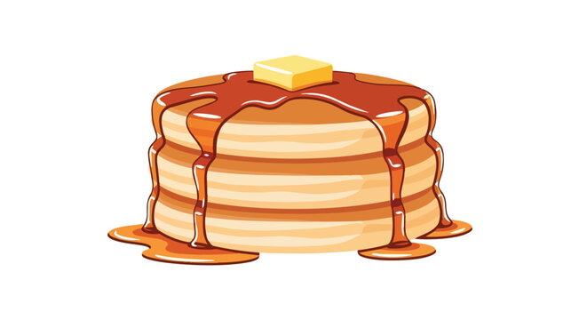 Golden stack of fluffy breakfast pancakes with melting butter and rich maple syrup drizzle, a classic morning treat