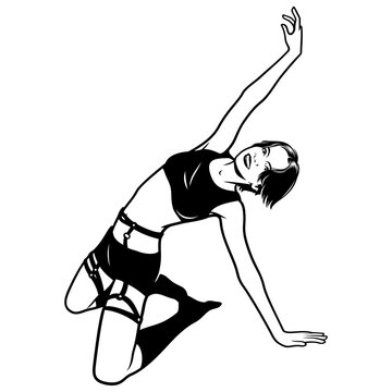 Pin Up Girl Fitness. Black and white vector cliparts in pop art style.