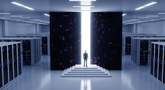 Man standing in front of futuristic server room with glowing portal