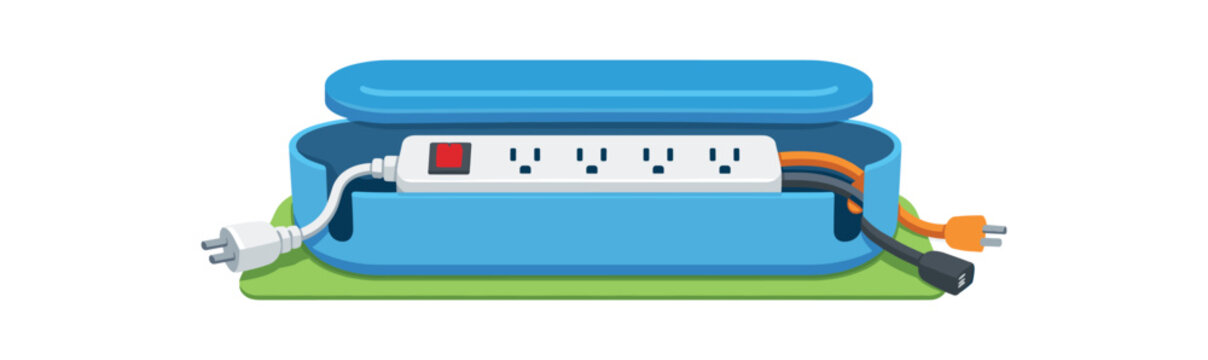 Power strip in cable organizer box. surge protector, extension lead, cords, plug storage, tidy cables, switch, outlet, travel case. flat vector illustration isolated on white background.