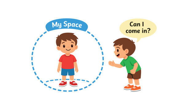 Child asking to enter another child's personal space, boy standing in dotted "my space" circle and another asking "can i come in?" personal boundaries, manners, respect, social learning. 