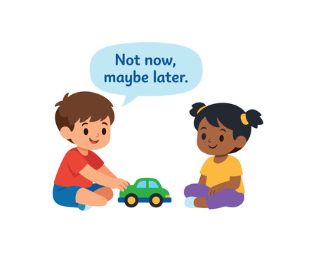 Child saying not now, maybe later while playing with toy car. refusal, turn taking, sharing boundaries, polite decline, social skills practice. flat vector illustration isolated on white background.