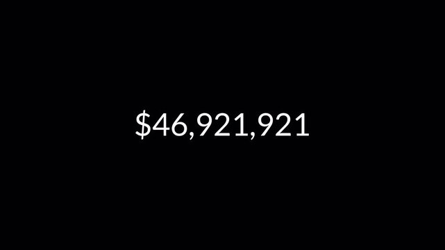 dollar counter animation from 0 to 75,000,000 on a black background. dollar calculating from zero to seventy fife crore showing financial growth.