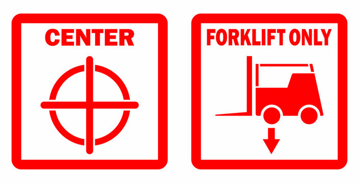 center target, forklift only, warehouse sign, handling symbol, packaging label, industrial mark set for logistics, shipping, cargo, storage, delivery and safety instruction usage