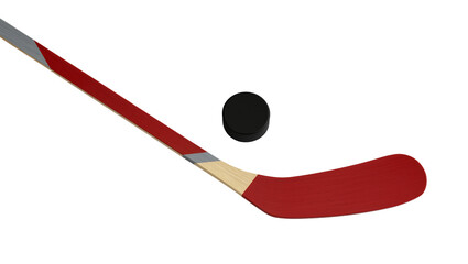 Red hockey stick with curved blade positioned near a black puck, isolated on transparent background for sports graphics and game designs © Carmen