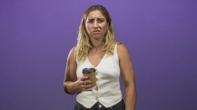 Woman holding coffee cup and grimacing with arm extended against a purple studio backdrop; disgust morning routine.