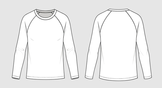 Simple technical flat sketch of a blank white long sleeve crew neck raglan tshirt garment for sportswear apparel design and clothing mockups