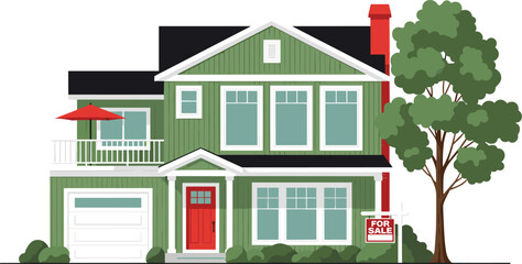 Flat Vector Illustration of a Green Two Story House for Sale Featuring a Red Door Garage Balcony and Large Tree © sabina