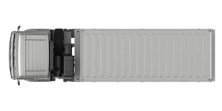 Top view of a modern cargo truck with a large container, isolated on white background