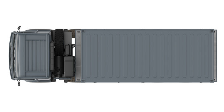 Top view of a gray cargo truck with a shipping container on a white background