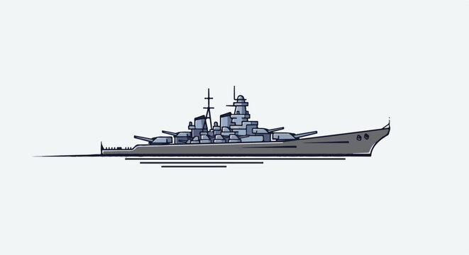 Stylized illustration of a large, grey naval warship with turrets and masts