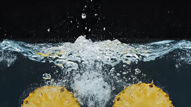 Sliced fruit plunges into dark water, creating a splash and bubbles