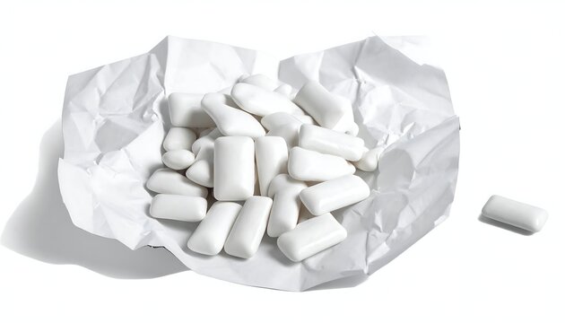 Close-up of oblong, white chewing gum pieces spilling from a crumpled paper wrapper against a clean white background