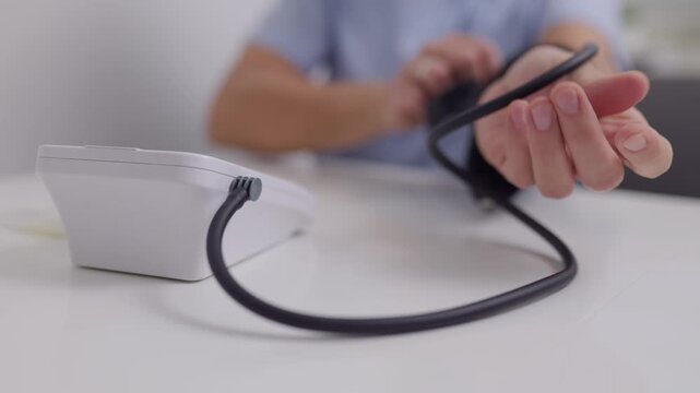 A middle aged man wraps a digital tonometer cuff around his arm and starts the measurement process at a white table.