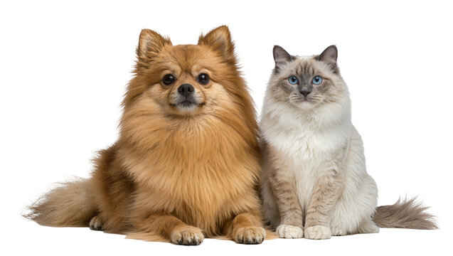 Fluffy brown Pomeranian dog and long-haired grey Ragdoll cat sitting side-by-side, isolated on transparent background for pet adoption posters