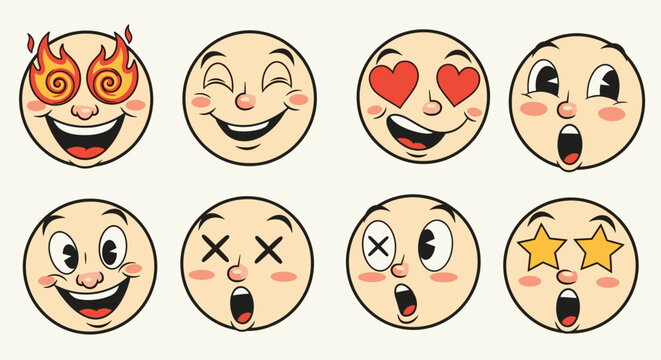 Collection of expressive round faces showcasing a range of emotions including joy, surprise, love, and excitement, perfect for digital communication and playful visual storytelling.