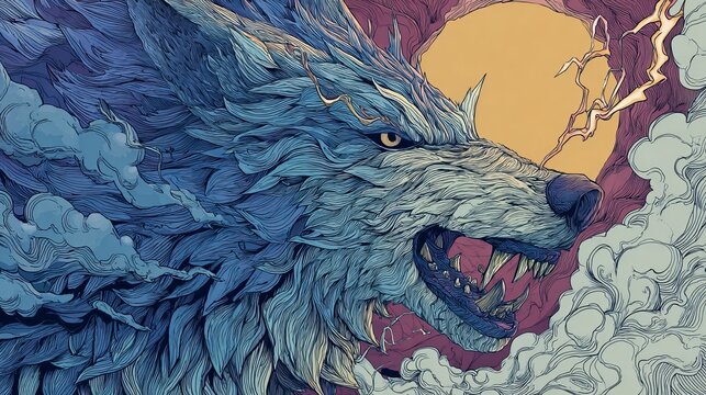 A vibrant illustration of a dragon's head in front of a colorful sunset with clouds and lightning