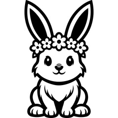 Obraz premium Funny with a wreath of wildflowers on its head, front view. Black and white vector with thick outlines isolated on white background