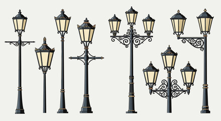 Fototapeta premium A collection of vintage street lamps and ornate lampposts providing classic urban lighting solutions for architectural themes and decorative purposes