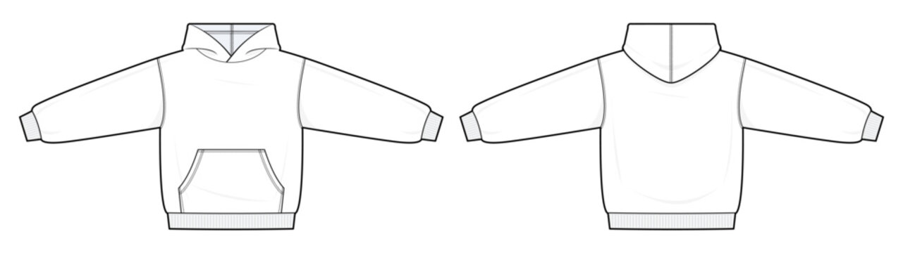 Oversized Drop Shoulder Hoodie T-Pose Technical Fashion Illustration. Classic Unisex Hooded Sweatshirt Vector Template. Front and Back View. White Color CAD Mockup