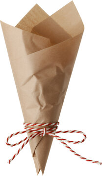 Brown paper cone wrapped with red and white string