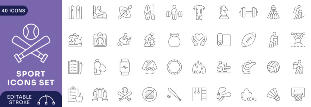 Sport icons set. Contain icons related to baseball, basketball, soccer, and other sports. Editable stroke